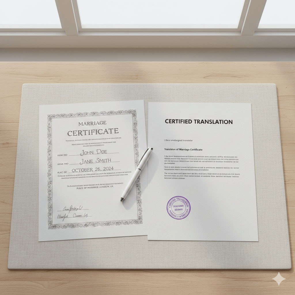 Marriage certificate alongside certified English translation on a desk