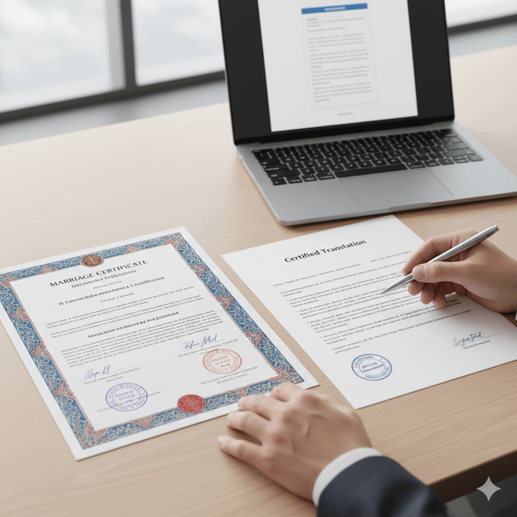Marriage certificate and English translation reviewed by a professional translator on a desk