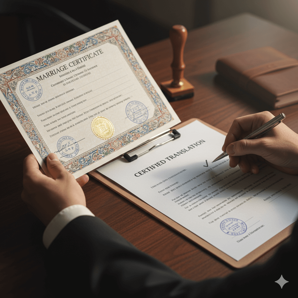 Marriage certificate being checked against its English translation for certified accuracy.