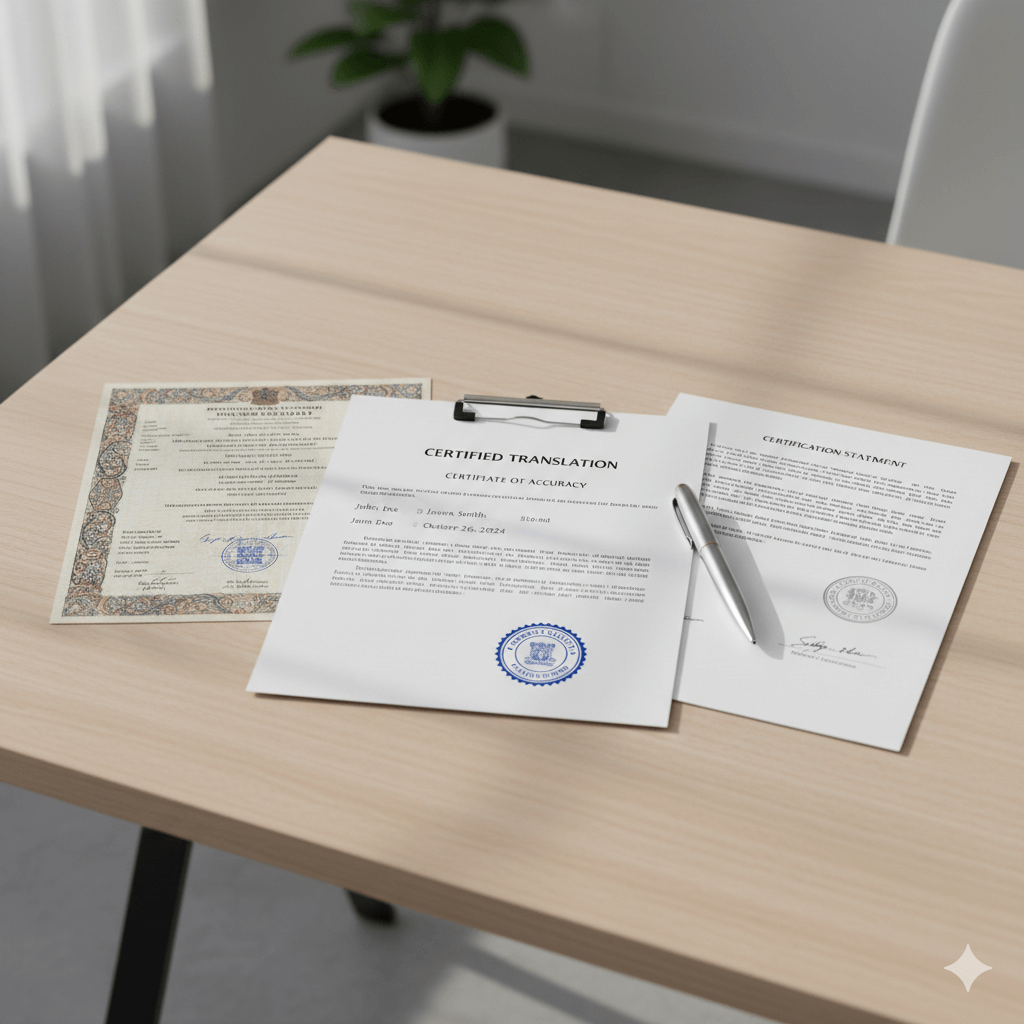 Marriage certificate with certified English translation and official stamps side by side