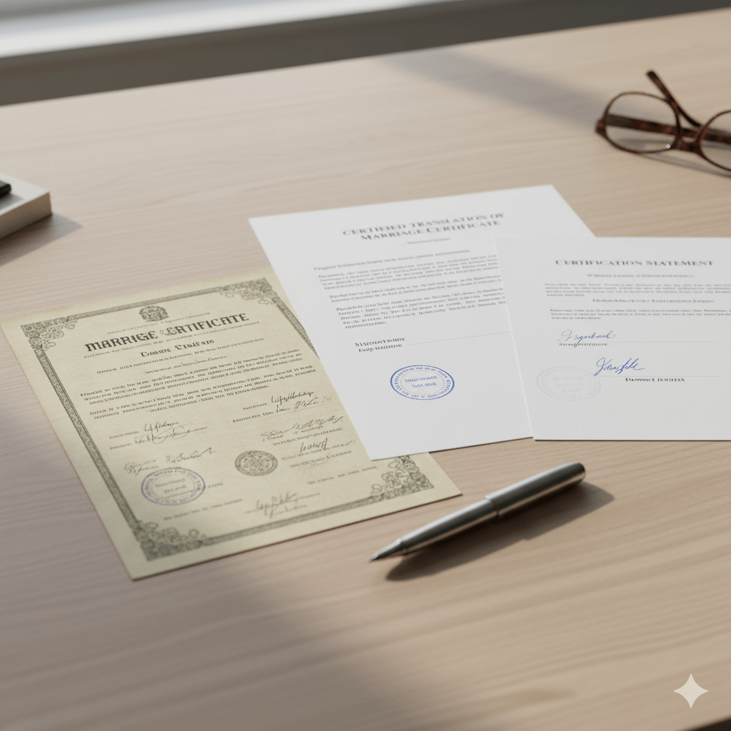 Marriage certificate with certified English translation documents on a desk