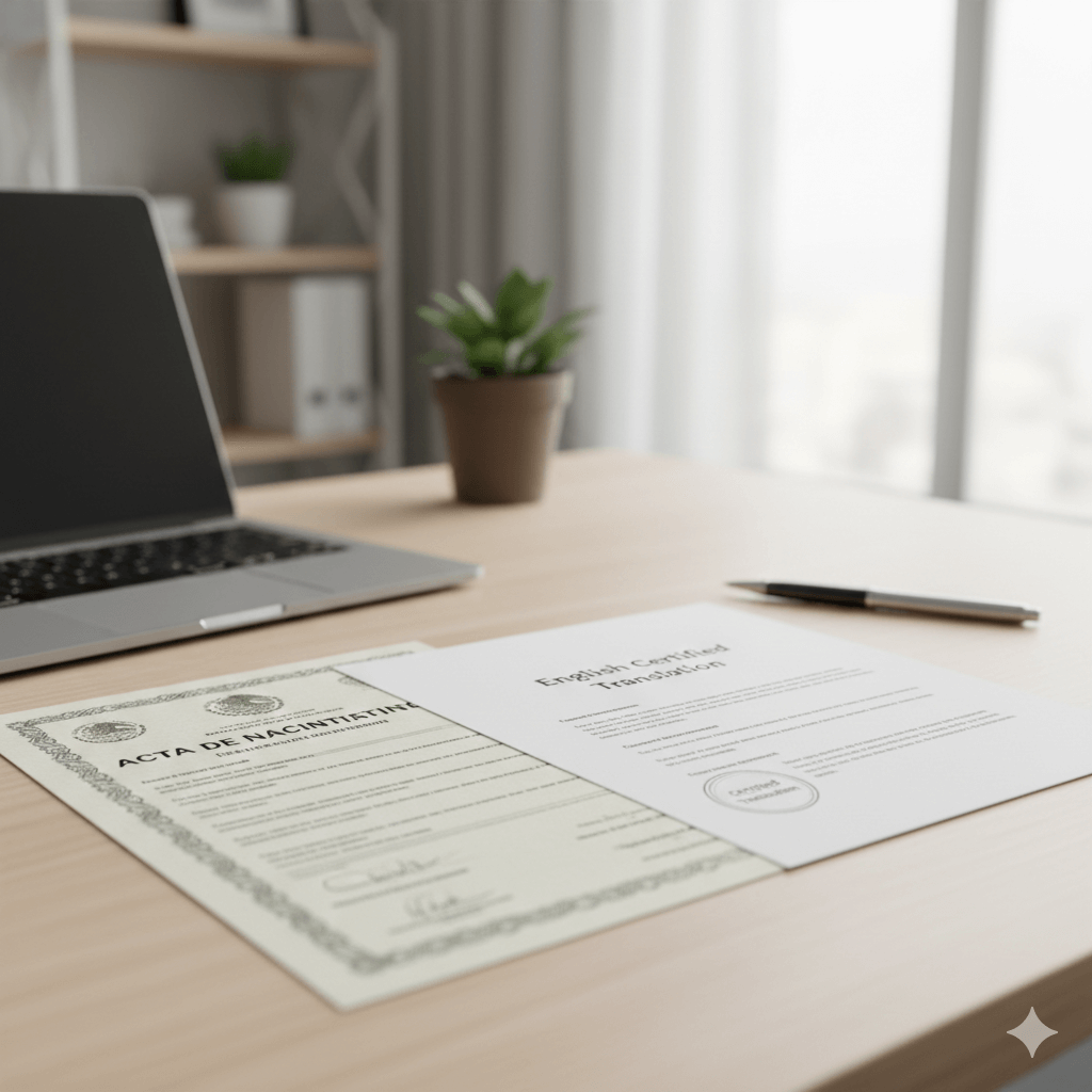 Mexican birth certificate translated to English with certified translation page.