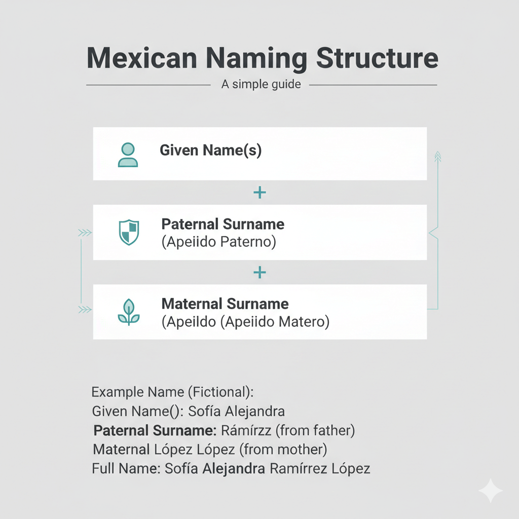 Mexican name format showing paternal and maternal surnames for accurate English translation.