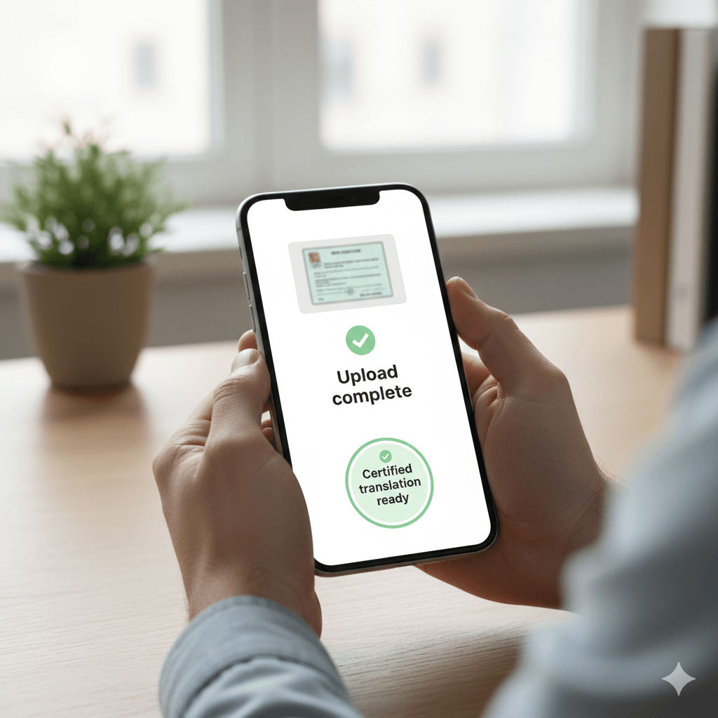 Mobile secure upload for certified birth certificate translation.