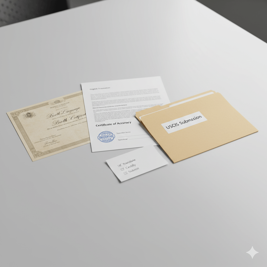 Non English birth certificate beside a certified English translation with a certificate of accuracy, prepared for USCIS submission.