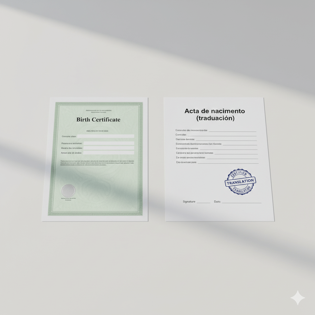 Official English to Spanish birth certificate translation with certification statement.