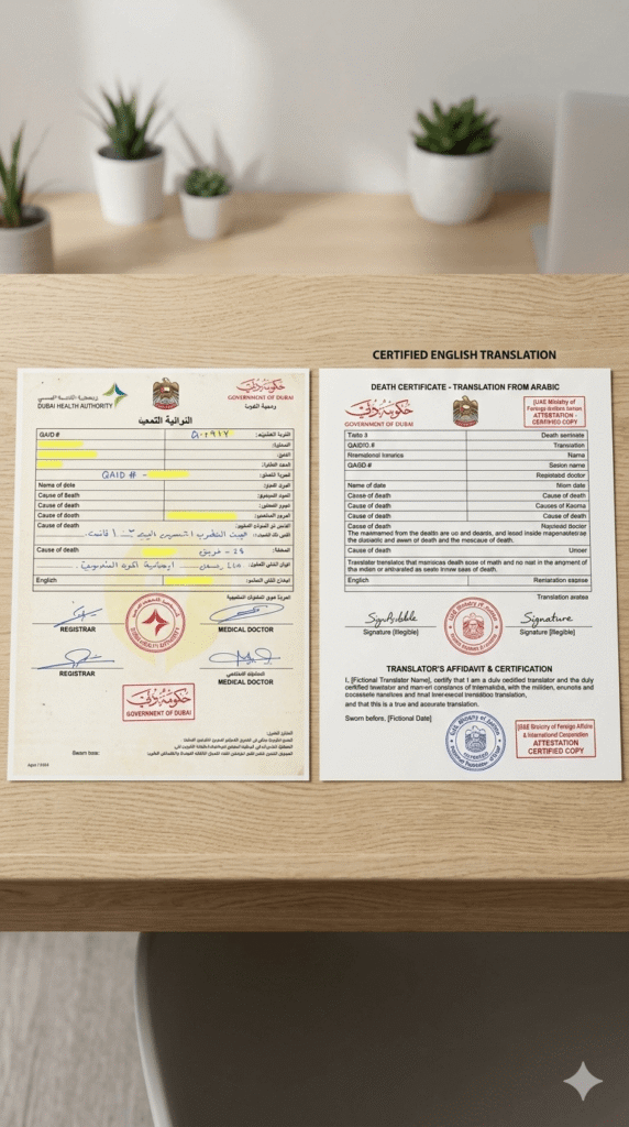 Official death certificate translation with seals, signatures, and translator certification