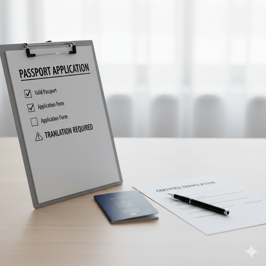 Passport application checklist showing translated birth certificate requirement
