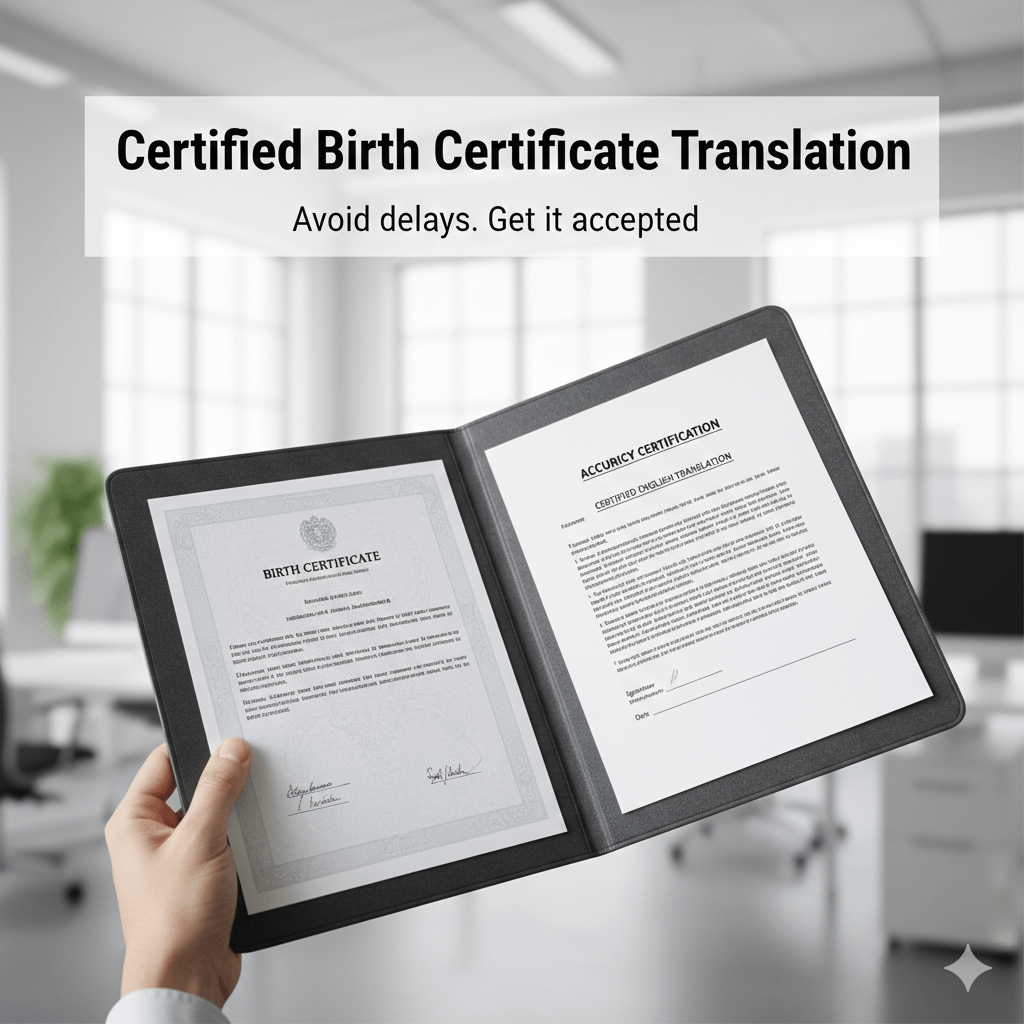 Person holding a folder with birth certificate and certified English translation to avoid delays