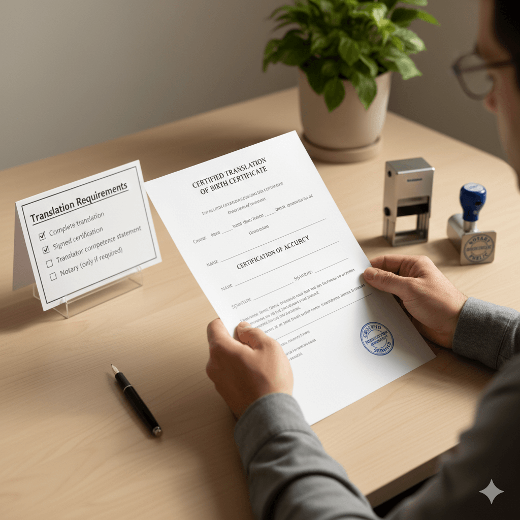 Person reviewing a translated birth certificate with a compliance checklist and optional notarisation cue