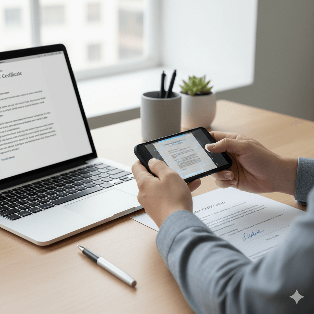 Person scanning a birth certificate and preparing an English translation with a signed certification for USCIS