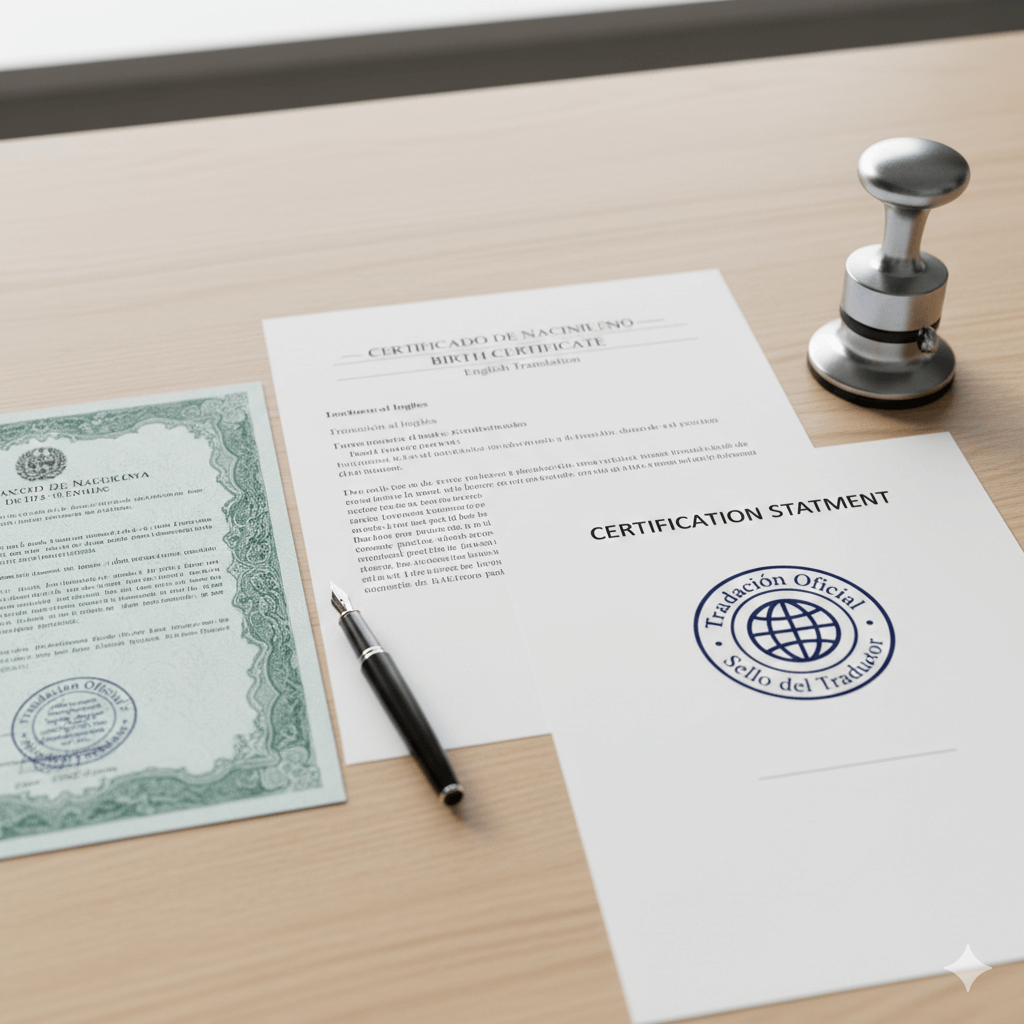 Professional birth certificate translation process with certification statement, seal, and document pairing.