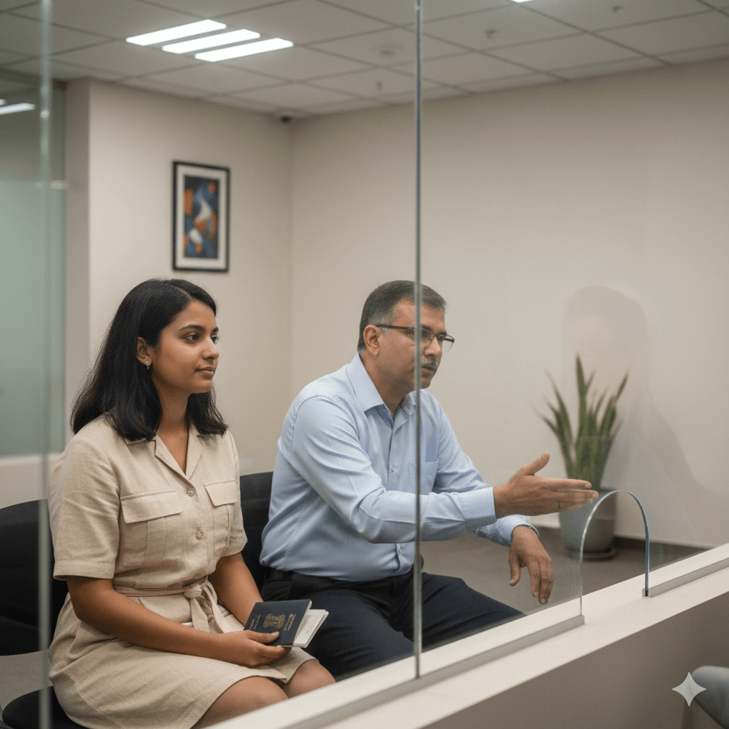 Professional interpreter assisting a US visa interview applicant in Mumbai