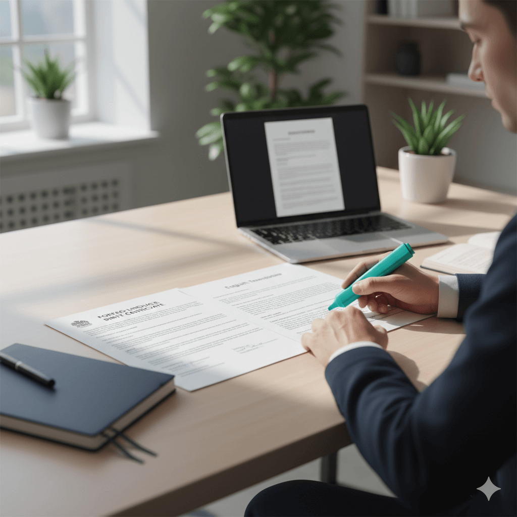 Professional reviewing a birth certificate English translation for accuracy and compliance