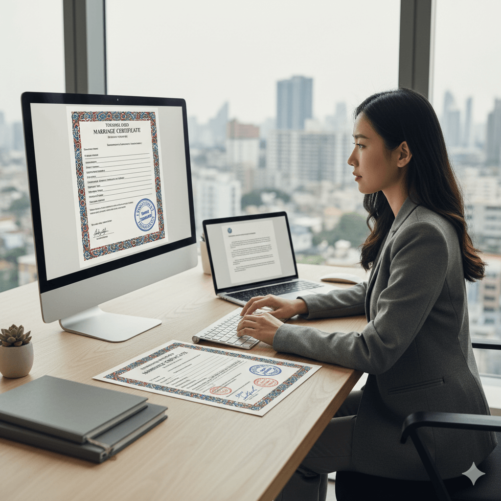 Professional translator preparing a certified marriage certificate translation for official submission