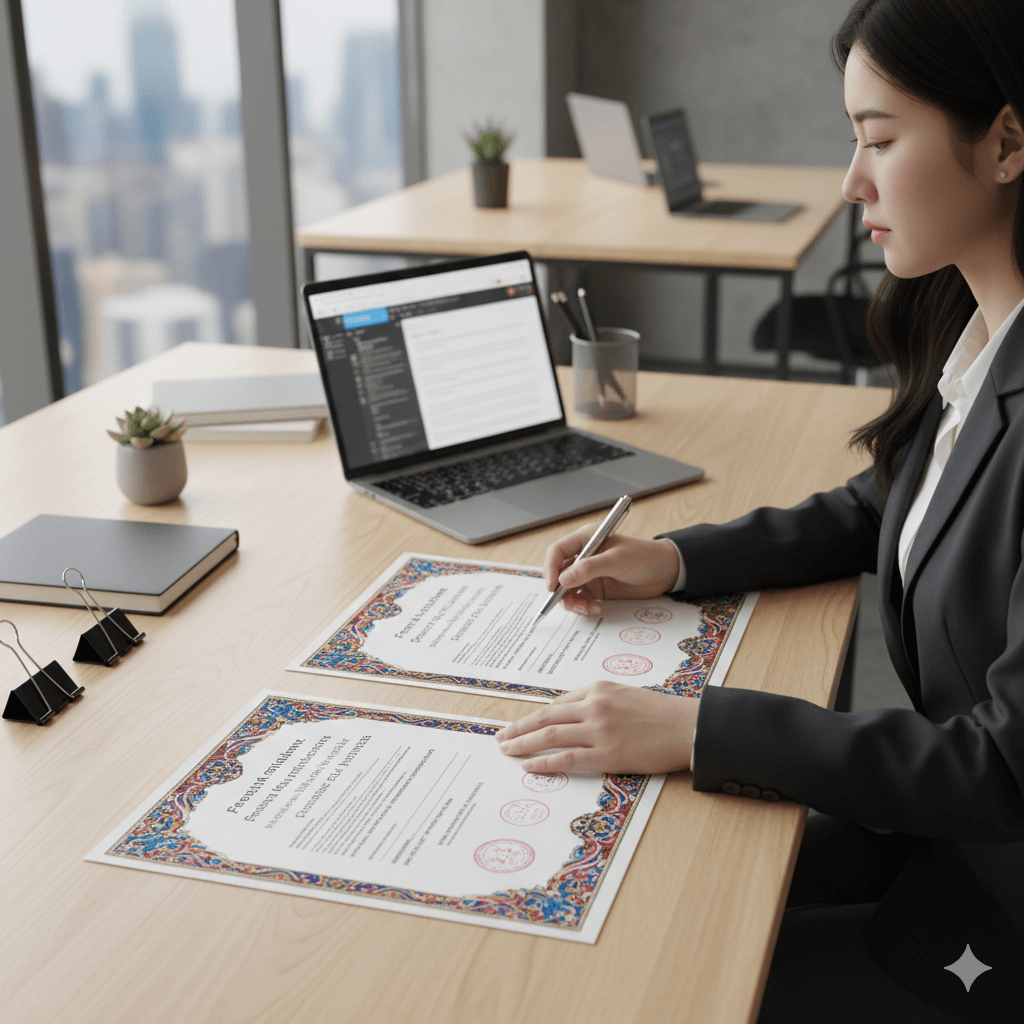 Professional translator preparing an English marriage certificate translation for official submission