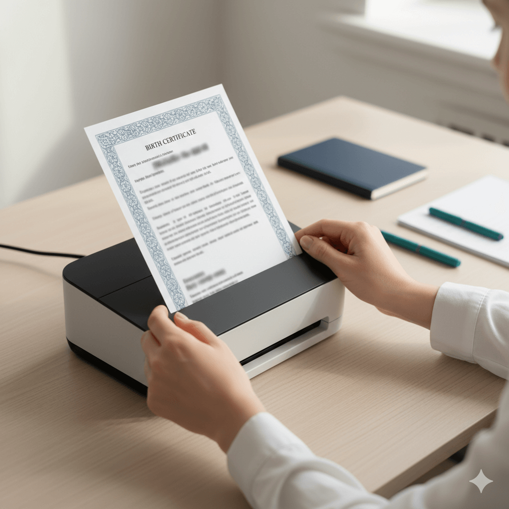 Scanning a birth certificate for English translation and official paperwork submission