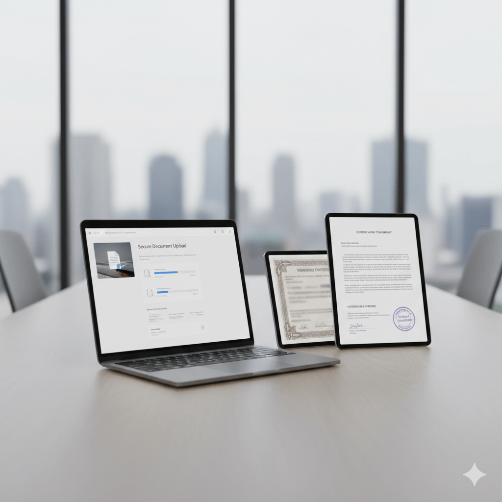 Secure online upload and certified translation workflow for a marriage certificate
