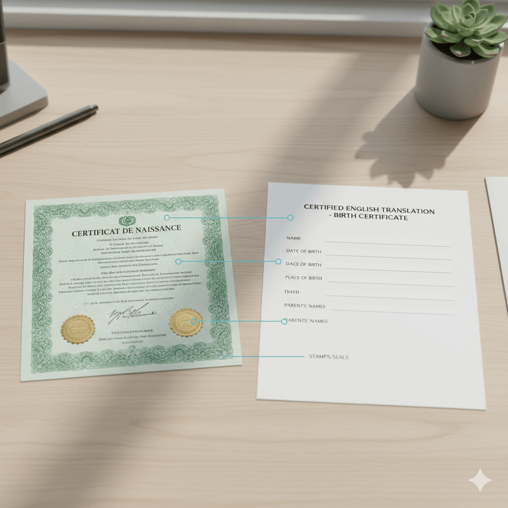 Side by side view of a foreign birth certificate and its English translation with key details highlighted.
