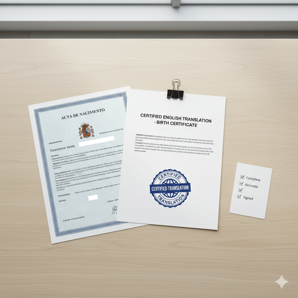 Spanish birth certificate next to certified English translation checklist