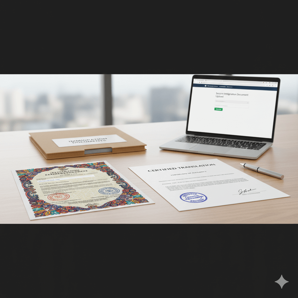 Spanish marriage certificate and English certified translation displayed side by side on a desk.