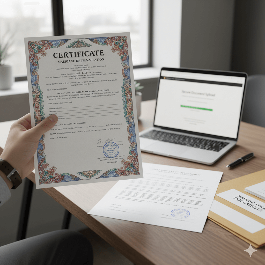 Spanish marriage certificate being prepared for certified English translation for immigration use.