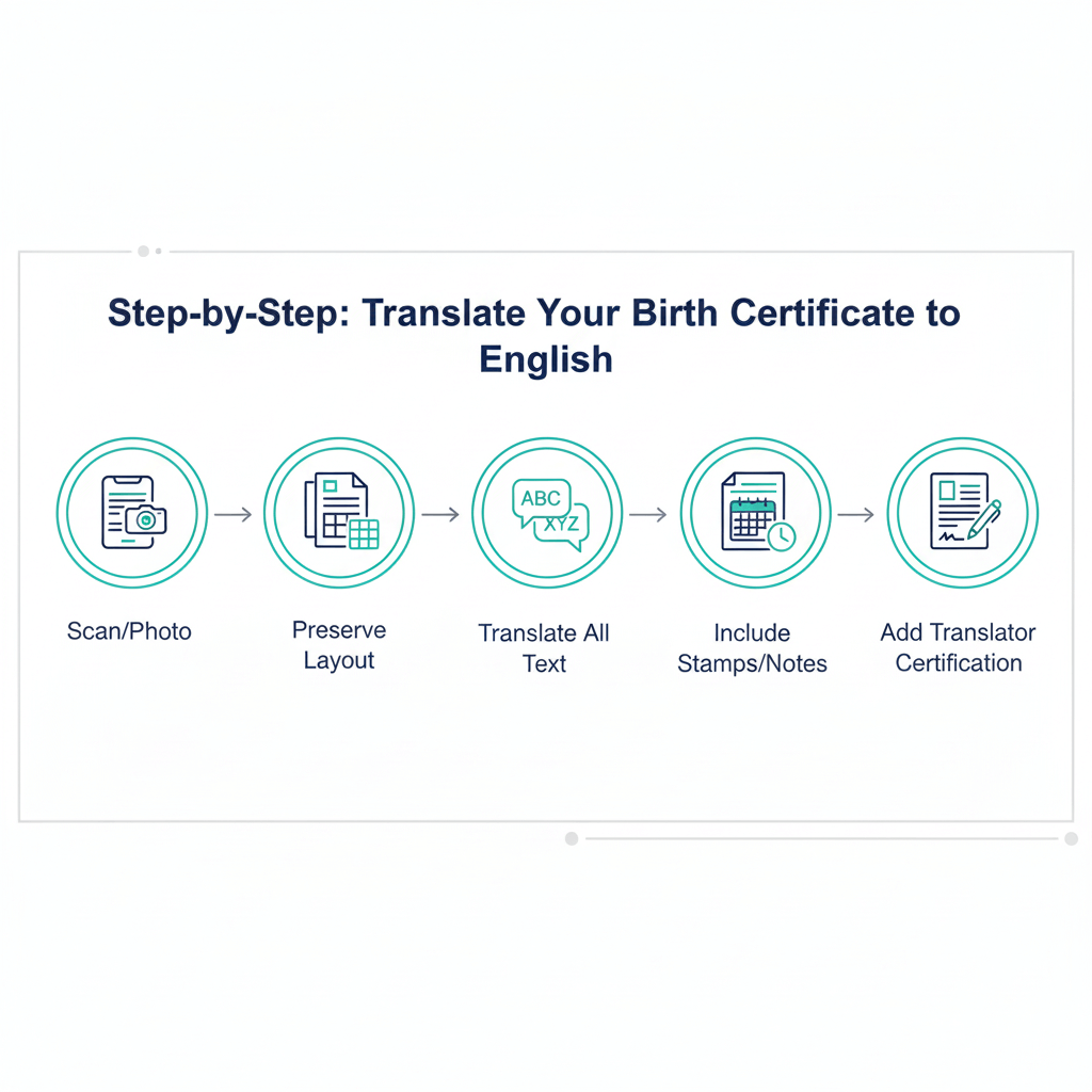 Step by step infographic showing how to translate a birth certificate to English