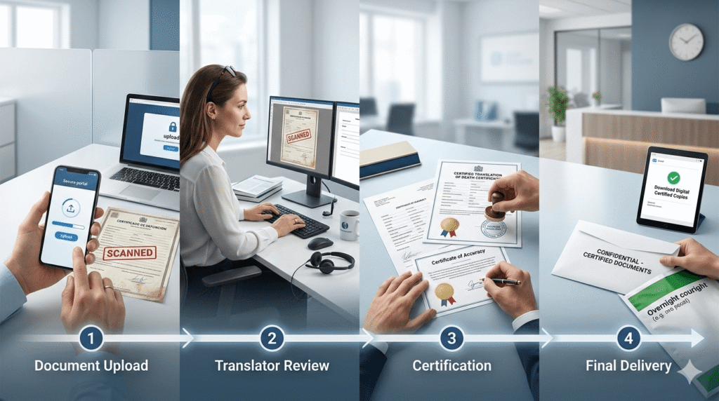 Step by step process of translating a Spanish death certificate into English for official use