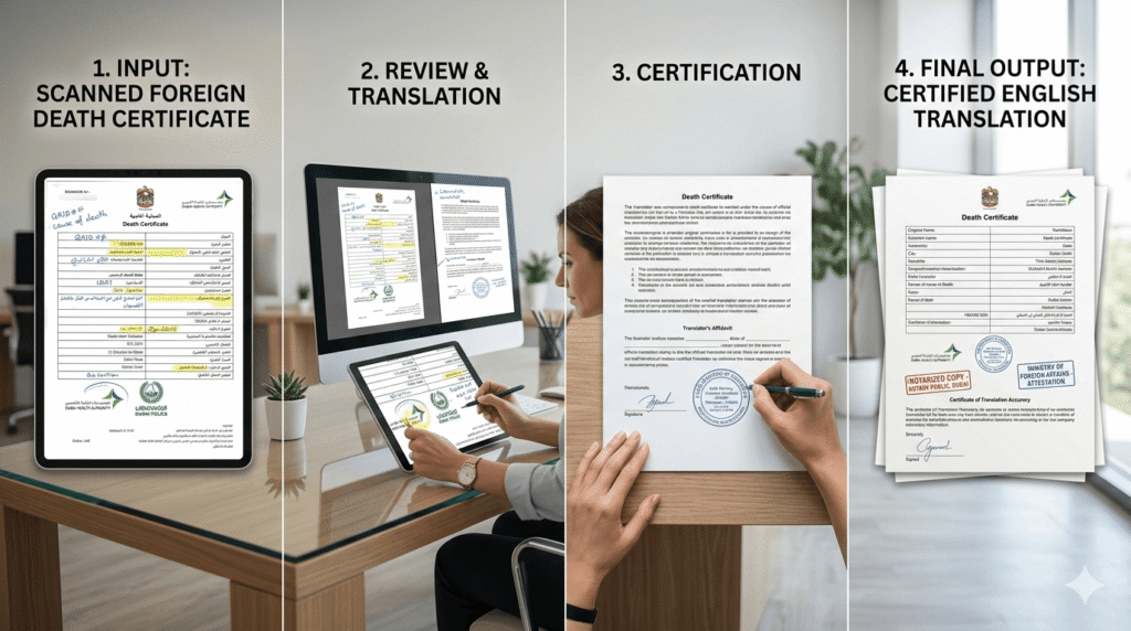 Step by step process of translating a death certificate for official use