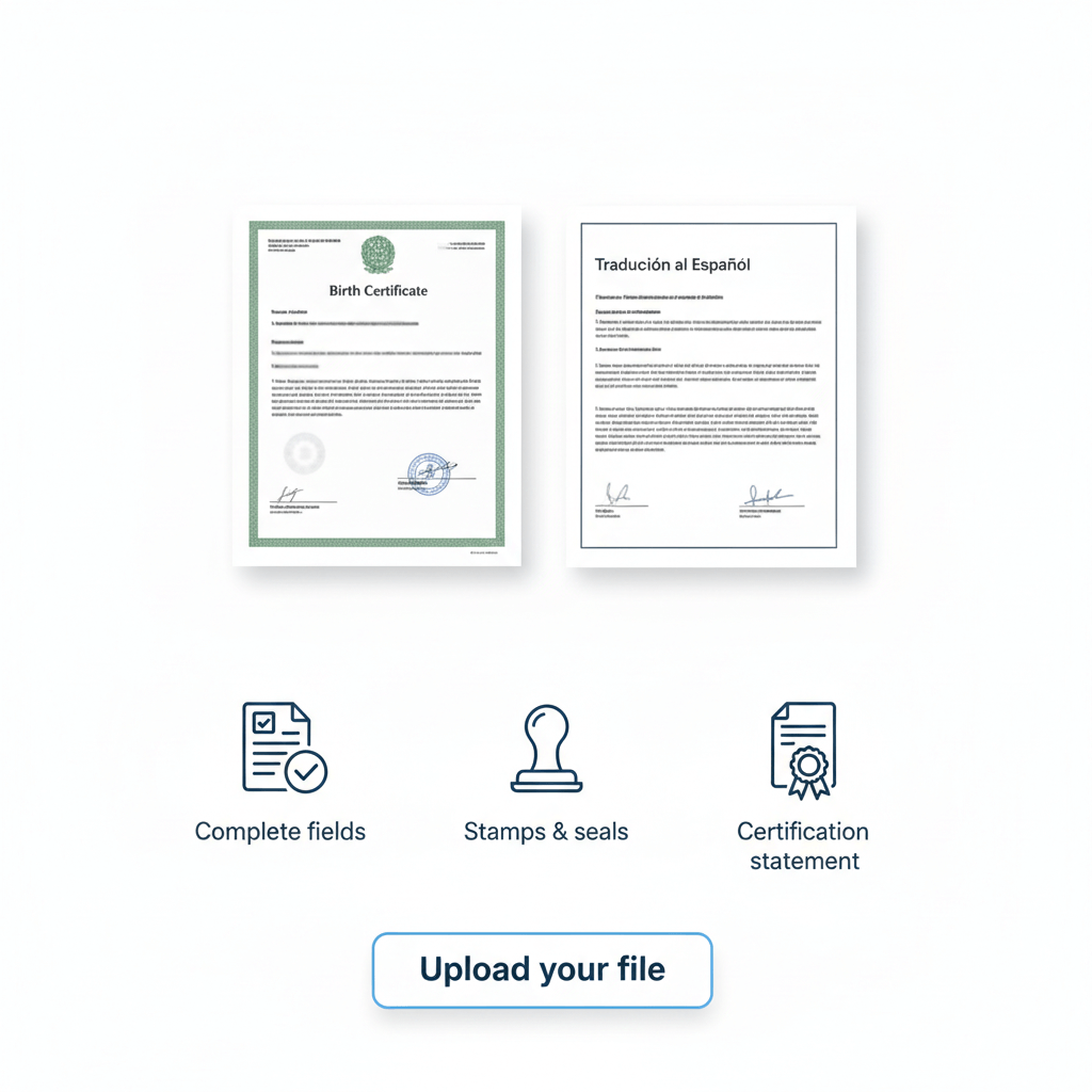 Step by step visual checklist for translating a birth certificate from English to Spanish for official submission.
