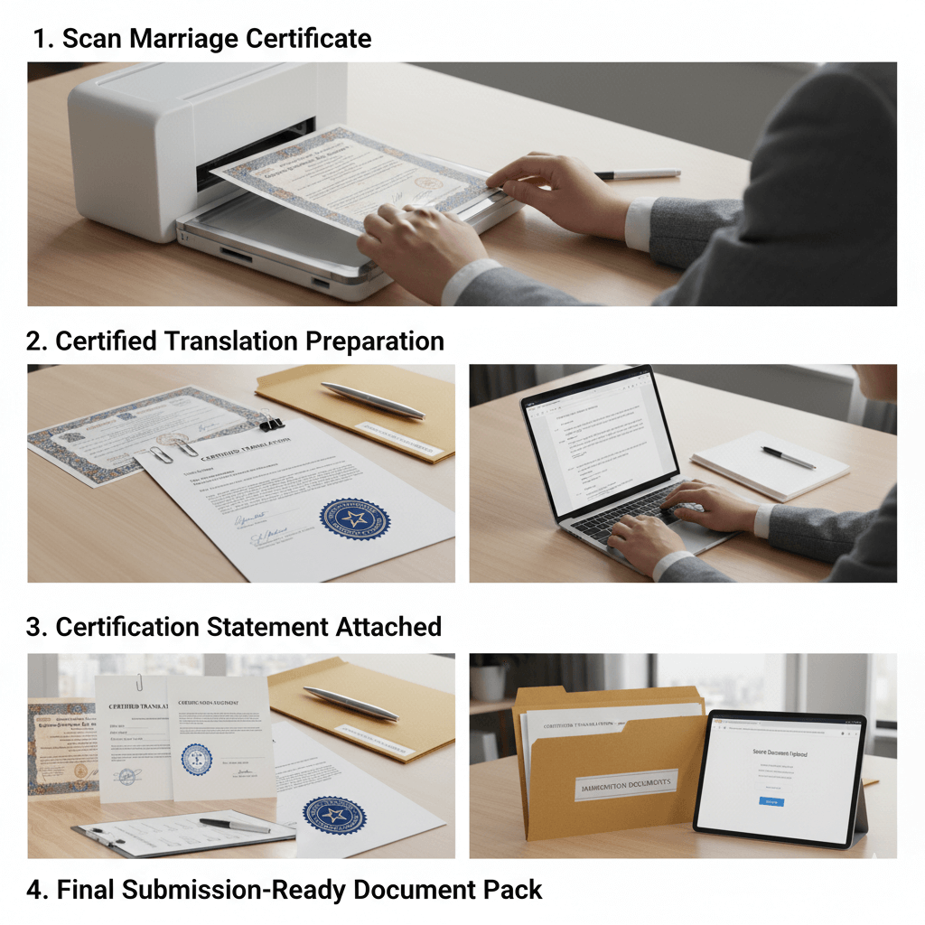 Step by step visual of translating a marriage certificate into English for immigration documents