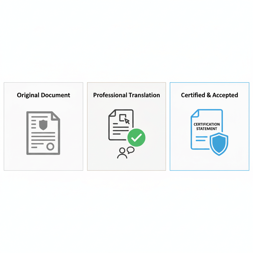 Three step graphic showing birth certificate translation and certification for official acceptance