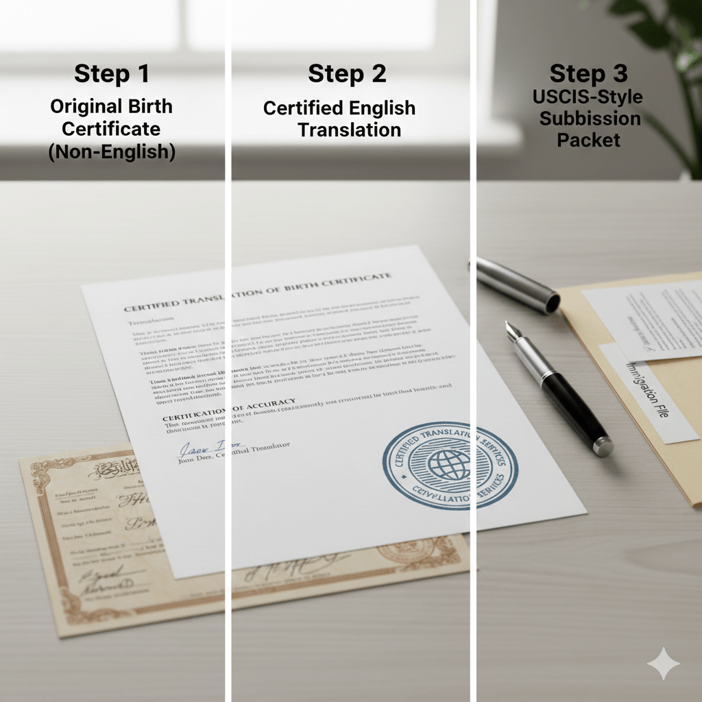 Three step graphic showing foreign birth certificate, certified English translation, and a complete USCIS ready submission packet.
