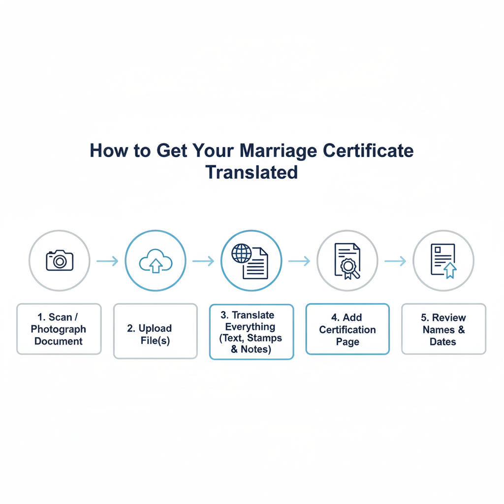 Timeline infographic showing the steps to get a marriage certificate translated with certification included.