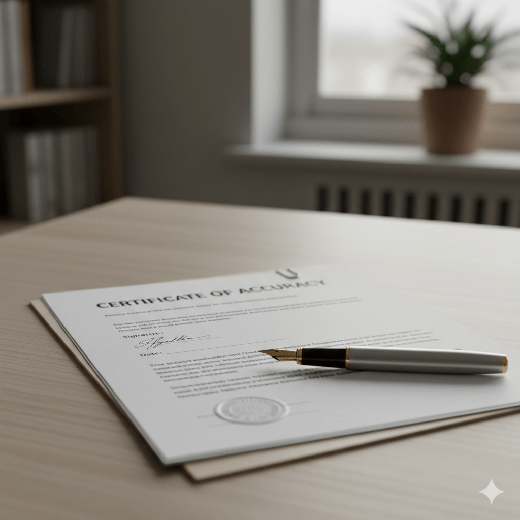 Translator certification statement for an English birth certificate translation