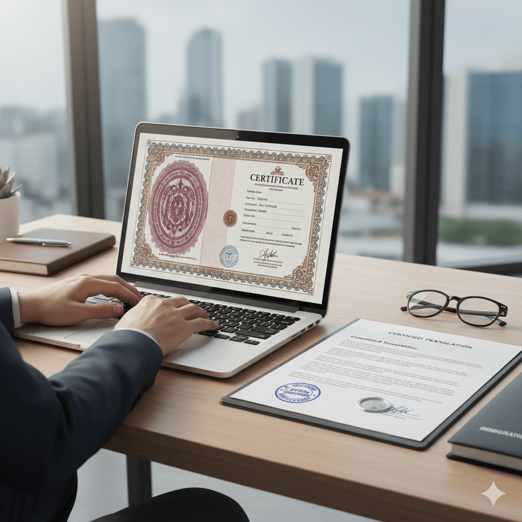 Translator preparing a certified English translation of a Spanish marriage certificate.