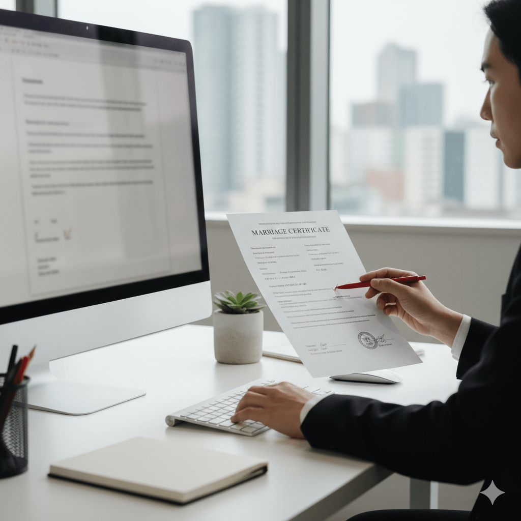 Translator reviewing marriage certificate details for accurate English translation