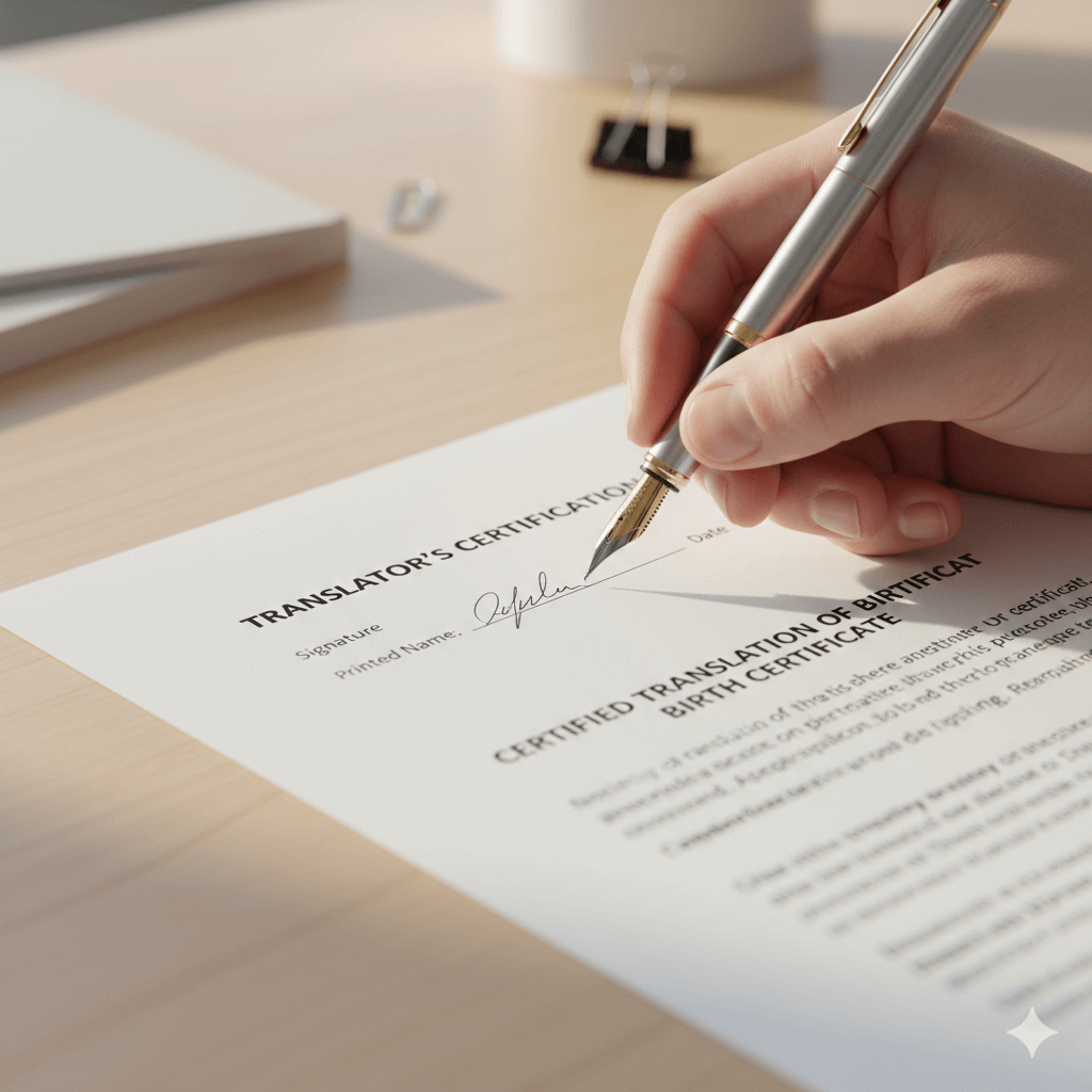 Translator signing certification statement for an English birth certificate translation for USCIS