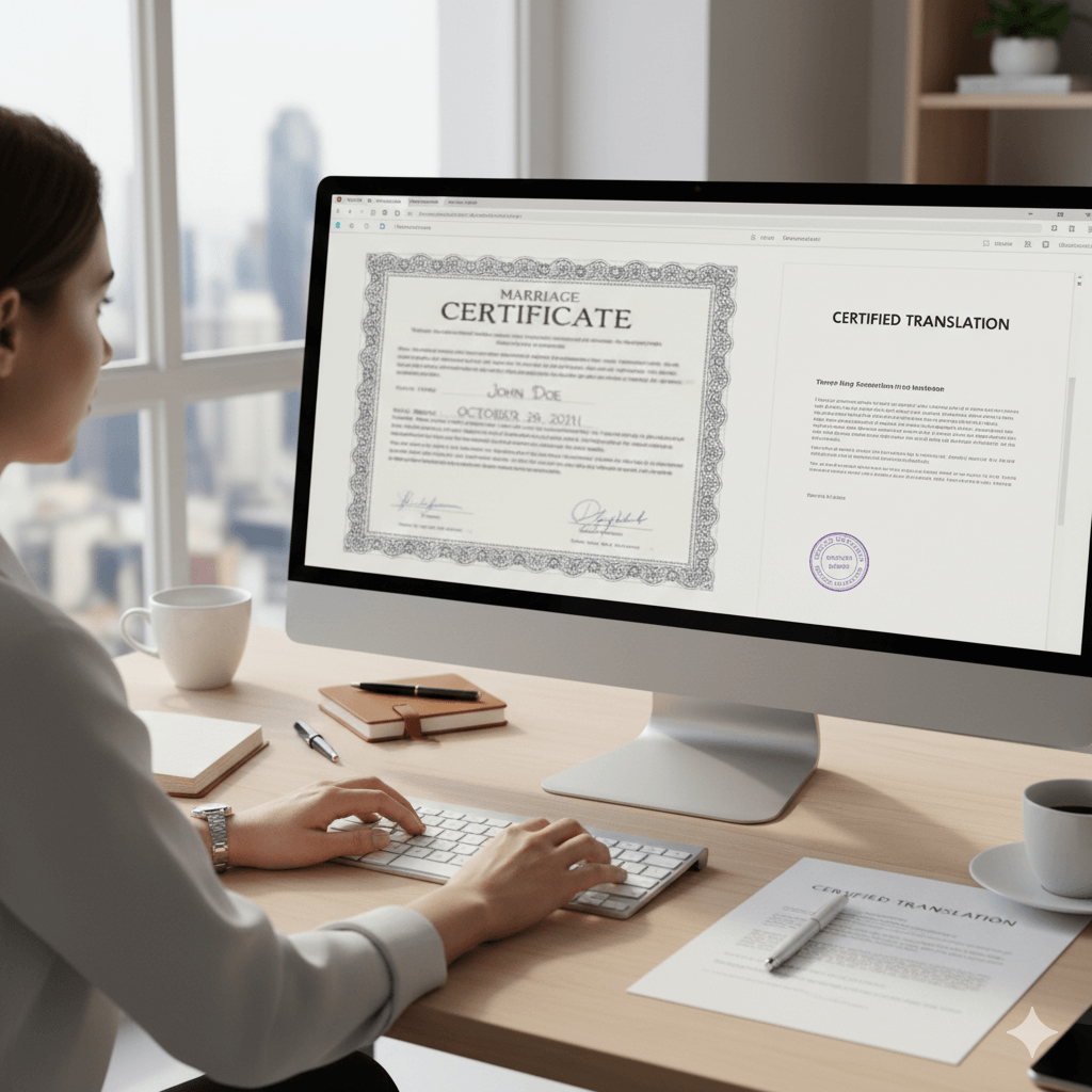 Translator working on marriage certificate translation with original and translated documents