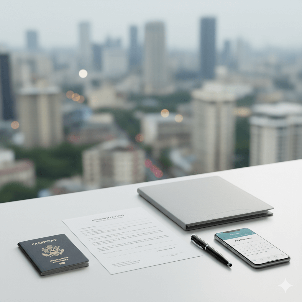 US visa interview preparation documents arranged neatly for a Mumbai appointment