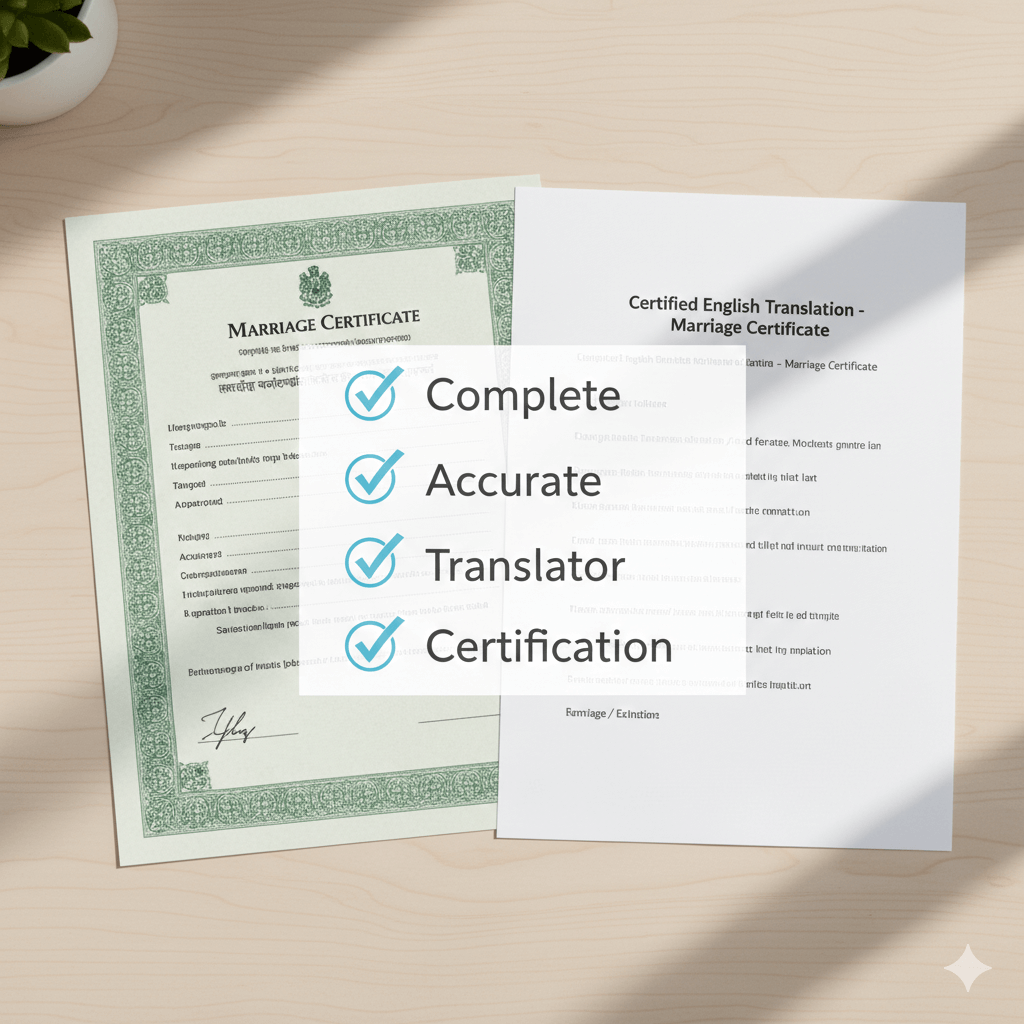 USCIS marriage certificate translation with checklist for accuracy and translator certification
