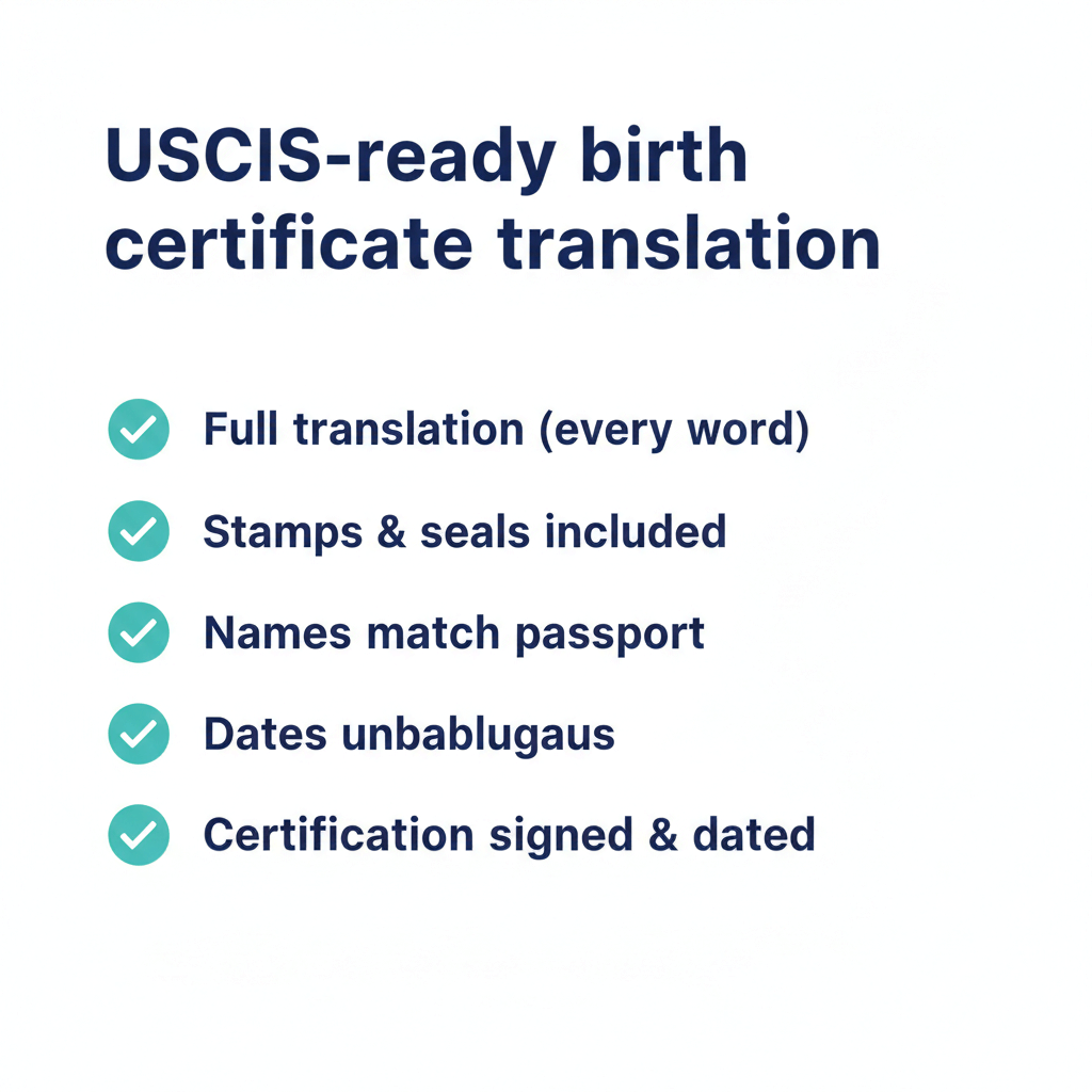 USCIS ready birth certificate translation checklist with key requirements