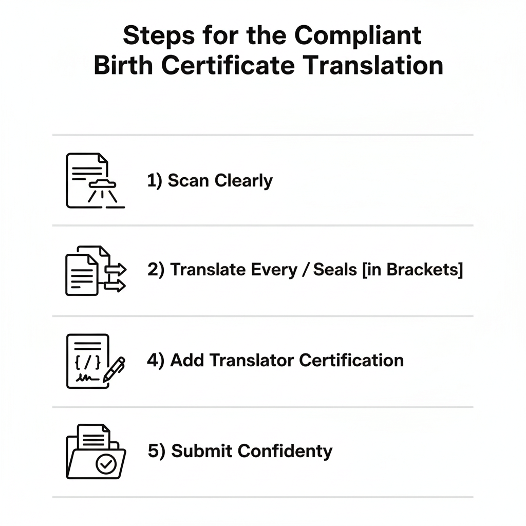 Vertical infographic outlining the steps to translate and certify a birth certificate for USCIS submission