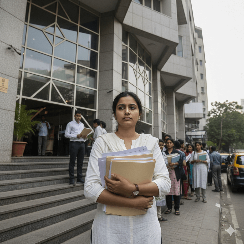 Visa applicant outside the US Consulate in Mumbai preparing for interview language support and documents