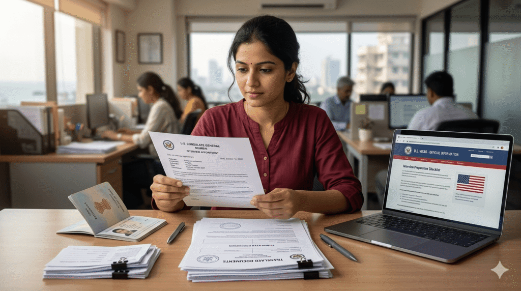 Applicant in Mumbai preparing documents for a U.S. visa interview with translated paperwork