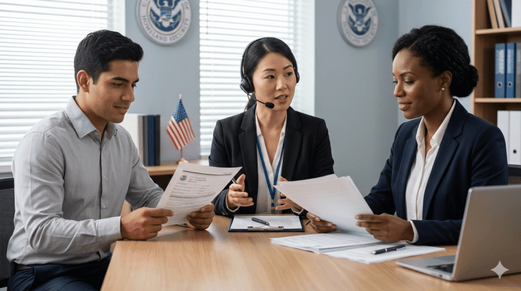 Applicant speaking through an interpreter during an immigration interview with an officer.