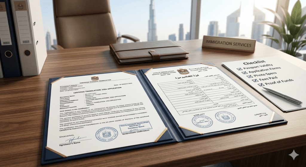Arabic visa document next to a certified English translation on a professional desk