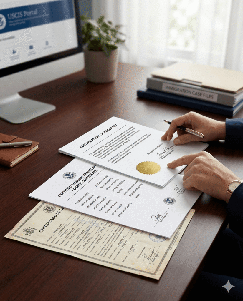 Certified Spanish to English death certificate translation documents prepared for official submission