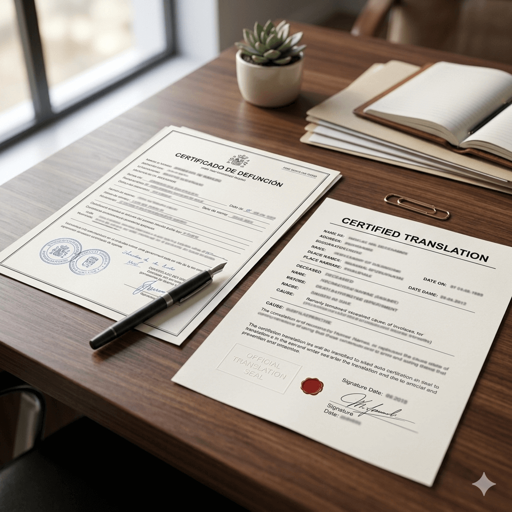 Certified death certificate translation document on desk