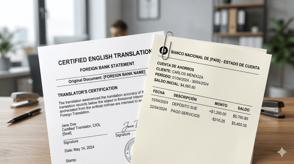 Certified translation attached to foreign language bank statement